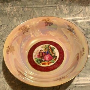 VTG Yusui Japanese Iridescent Porcelain Bowl W/Victorian Dancing Couple 24K GP